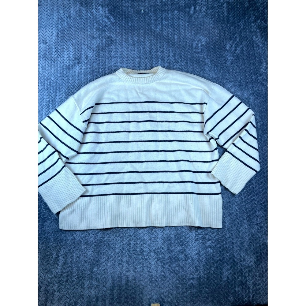 Zara Tight Knit Sweater Womens XL Off White Black Striped Crew Neck Ribbed Trim